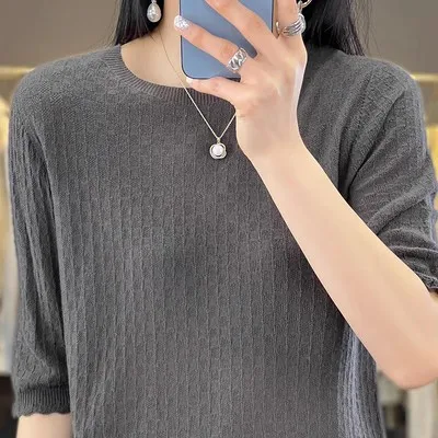 سترة نسائية دائرية Ne ort Sve رفيعة ومتوسطة الحجم وقاعدة غزل يانغزي محبوكة irt خمسة Sve طول للتنقل Sle Pu...