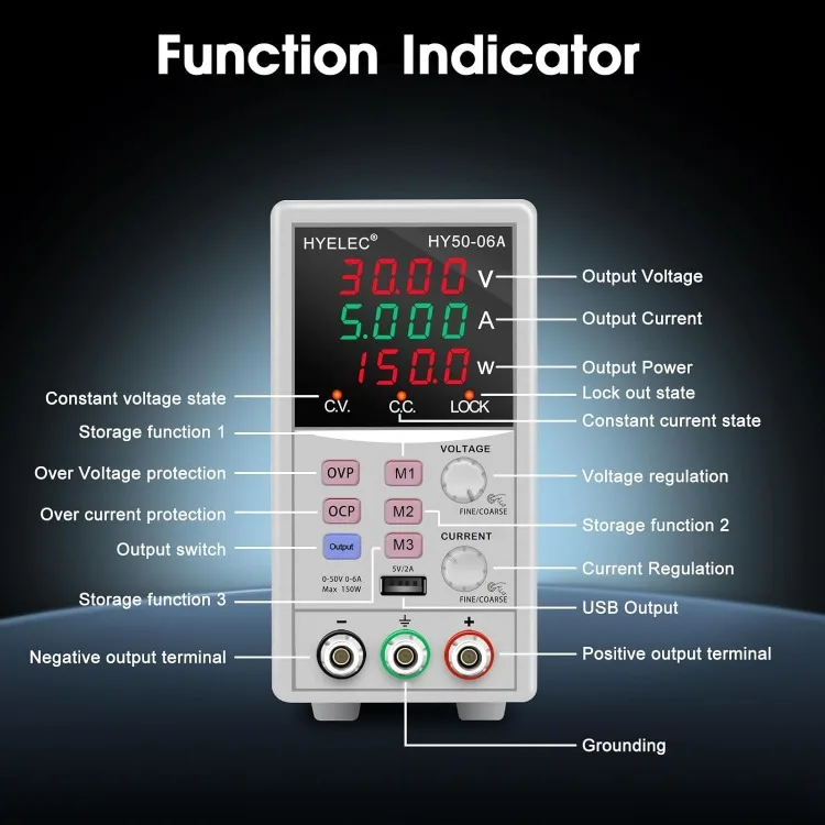 DC Power Supply,50V 6A max150W Switching Regulated Bench Power Supply with Memory, 4-Digit LED Display,