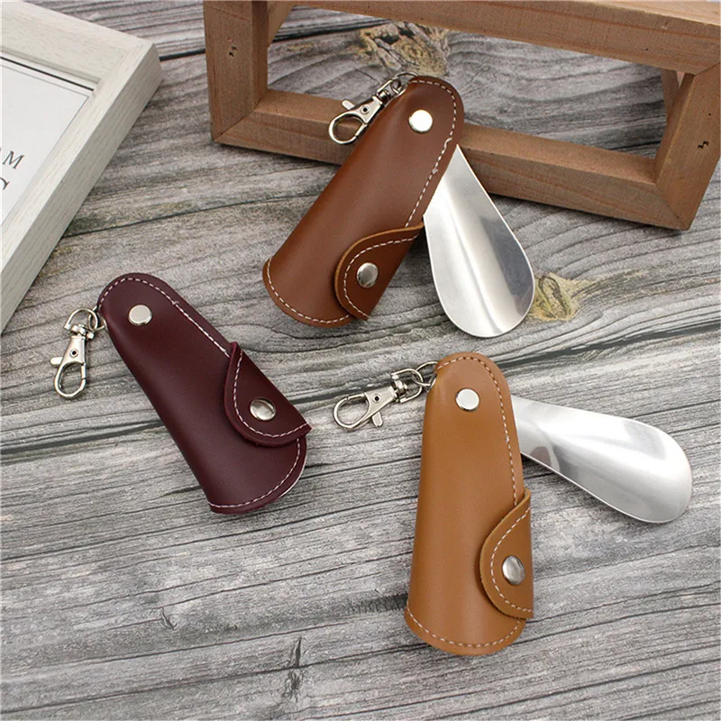 Mini Shoehorns Metal Portable Shoe Lifter Travel Men Shoehorn Leather Handle Deduction Women Shoehorn For Keychain