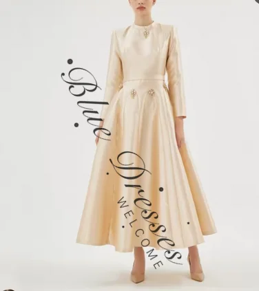 

customized Satin Evening Dress Long Sleeves Saudi Arabia Dress Ankel Length Prom Dress Beading Long Formal Party Gown