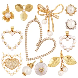 Fashion Heart Flower Pearl Cubic Zircon 18K Gold Charm Pendant,Bracelet Necklace Attachment Jewelry Components Findings L36