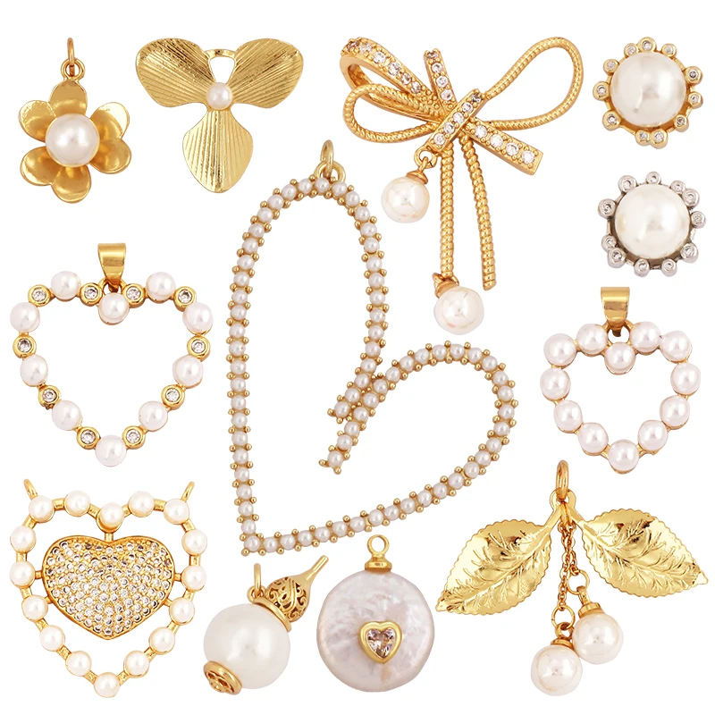 Fashion Heart Flower Pearl Cubic Zircon 18K Gold Charm Pendant,Bracelet Necklace Attachment  Jewelry Components Findings L36