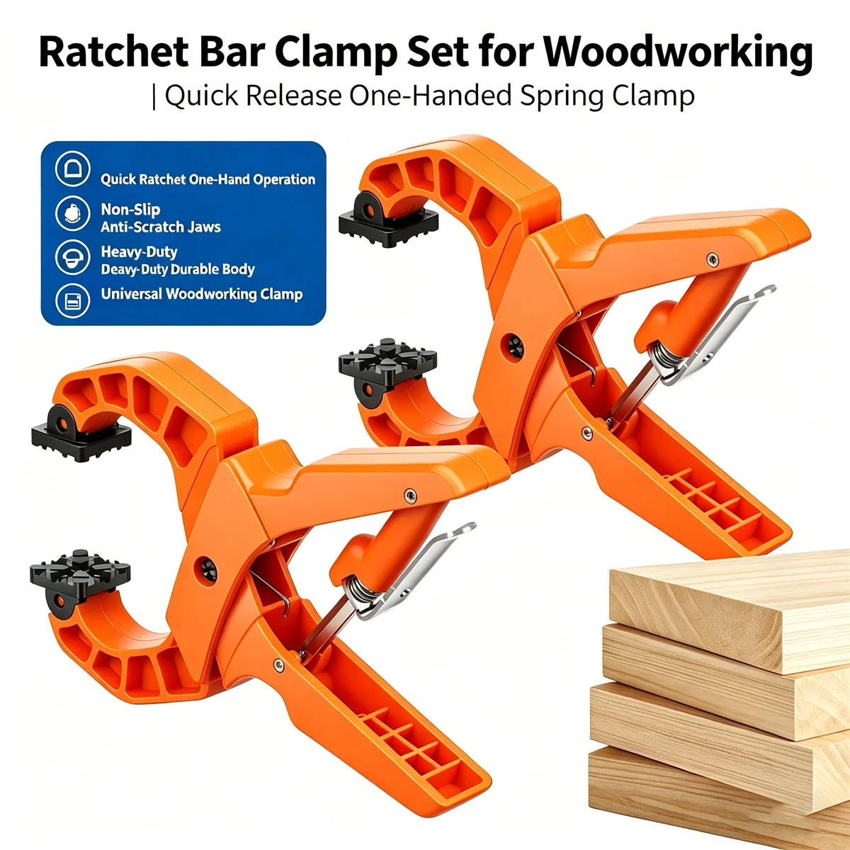 

2 Pack Quick Release Ratcheting Wood Clamp with Rapid Open Mechanism Strong Grip Ergonomic Handle for Woodworking Crafting