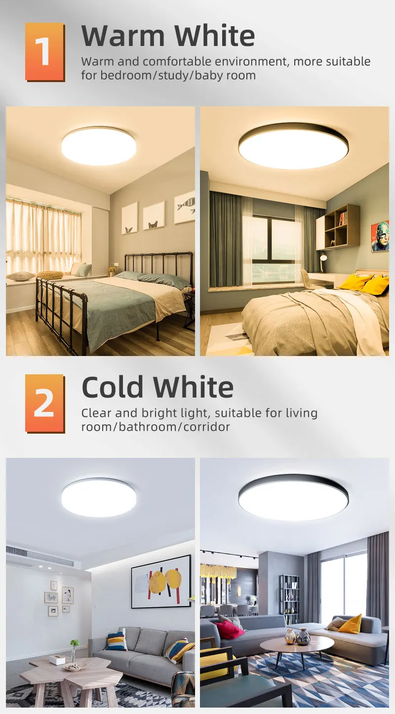 220V LED Ceiling Lights 3 Colors Change Bedroom Lamp Panel LED Indoor Lighting for Home Bathroom Dustproof LED Ceiling Lamp