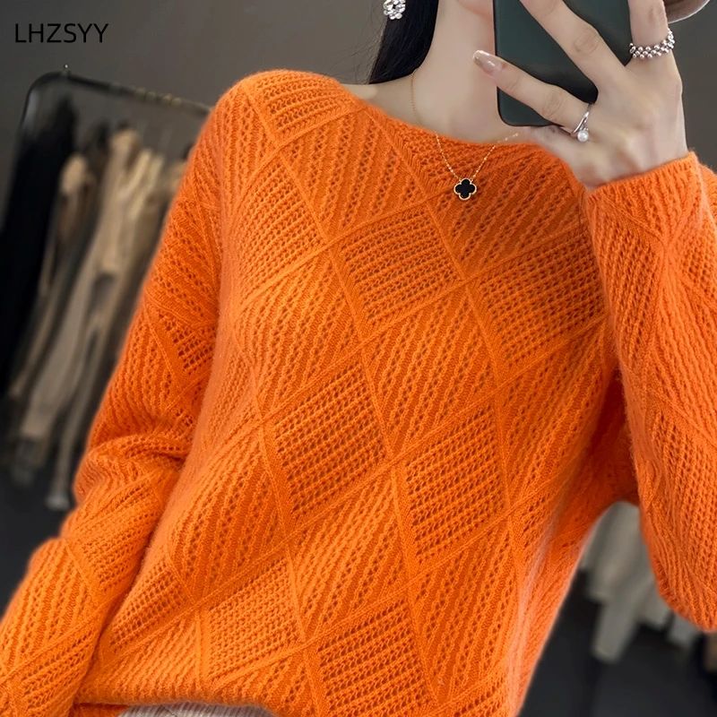 LHZSYY Ladies\' New Cashmere Sweater Word Neck Jacquard Knit Pullovers Solid Loose Large size Tops Autumn Winter Wool Warm Blouse