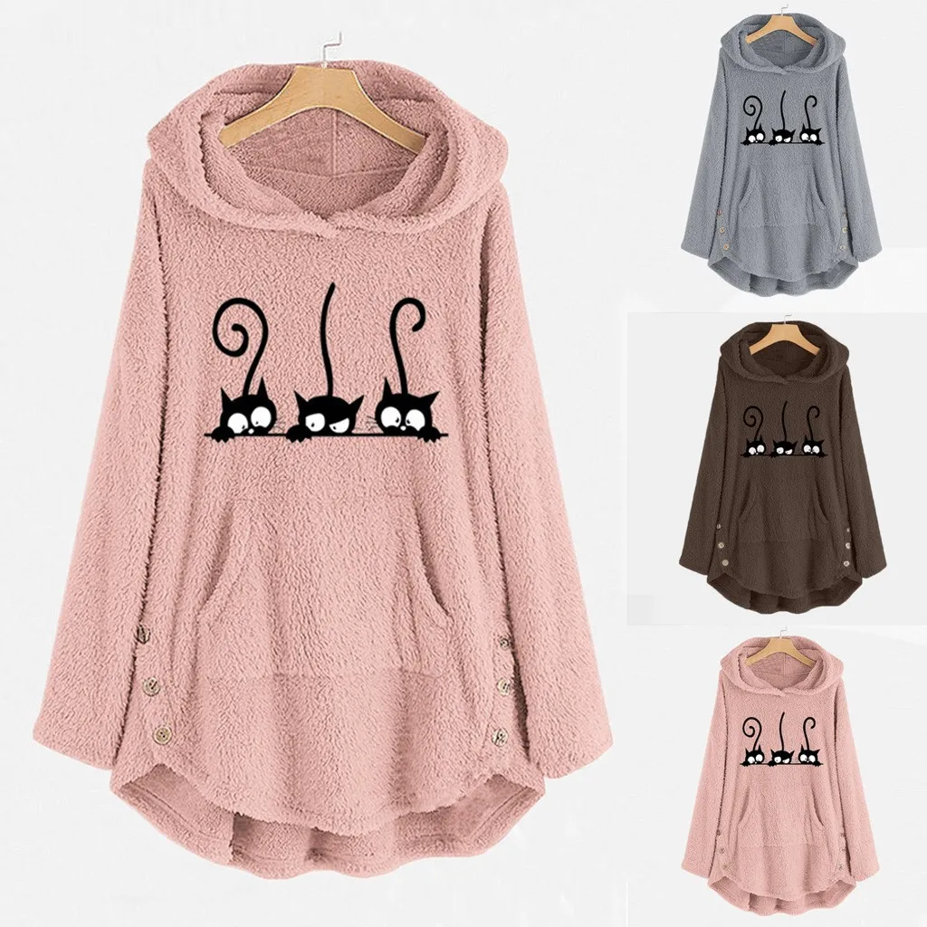 Cardigan brodé de chat souriant pour femmes, sweats à capuche chauds, haut à boutons, chemisier pull, grande taille, automne, hiver