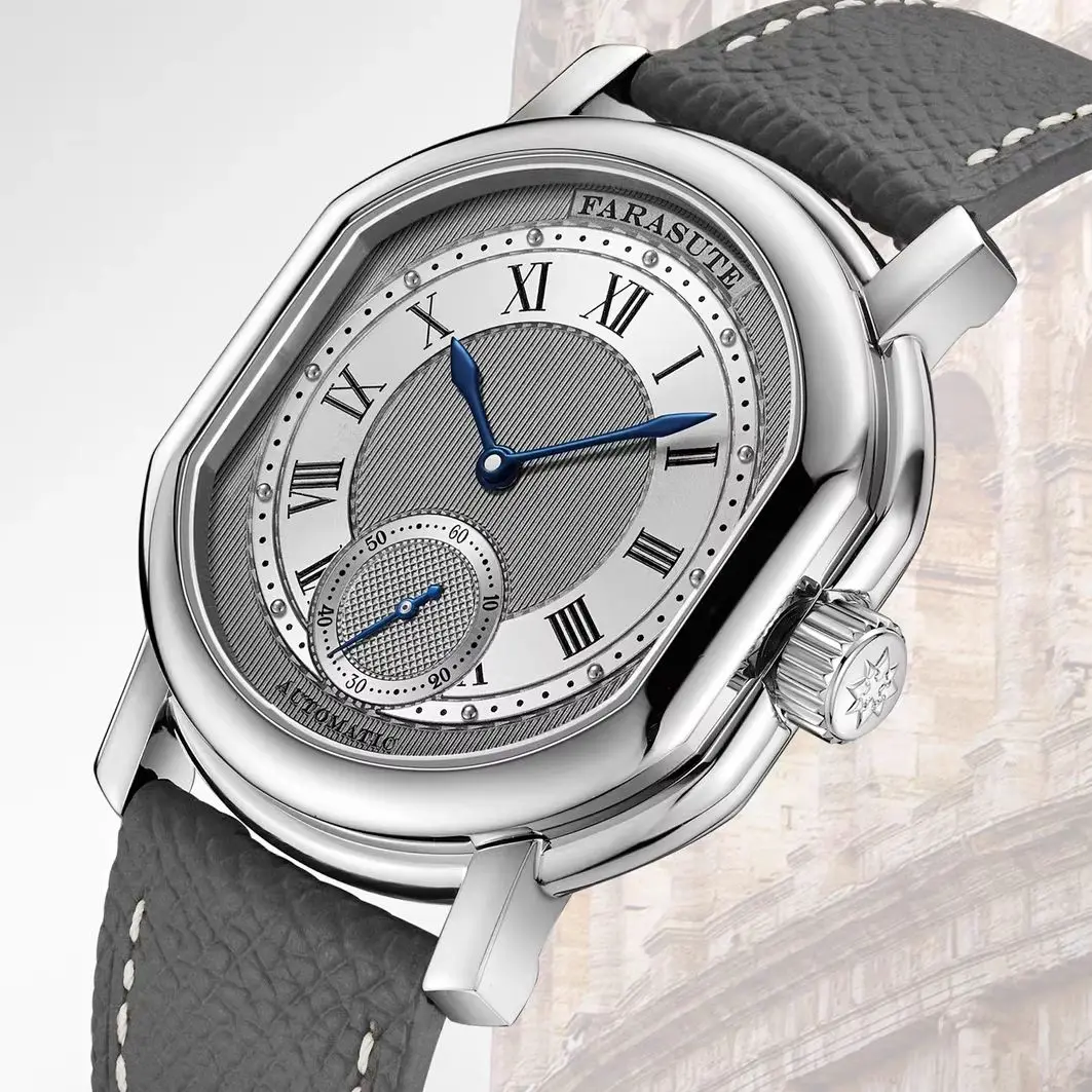 FARASUTE Men Automatic Watch 38mm Mechanical Wristwatch Oval Case Sapphire Mirror Waterproof Roman Scales Peacock Mov