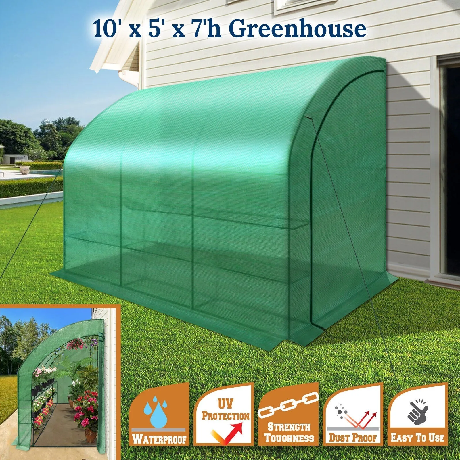 

Large Walk-In Wall Half Greenhouse 10x5x7'H w 3 tiers 6 Shelves Green White Yard United States