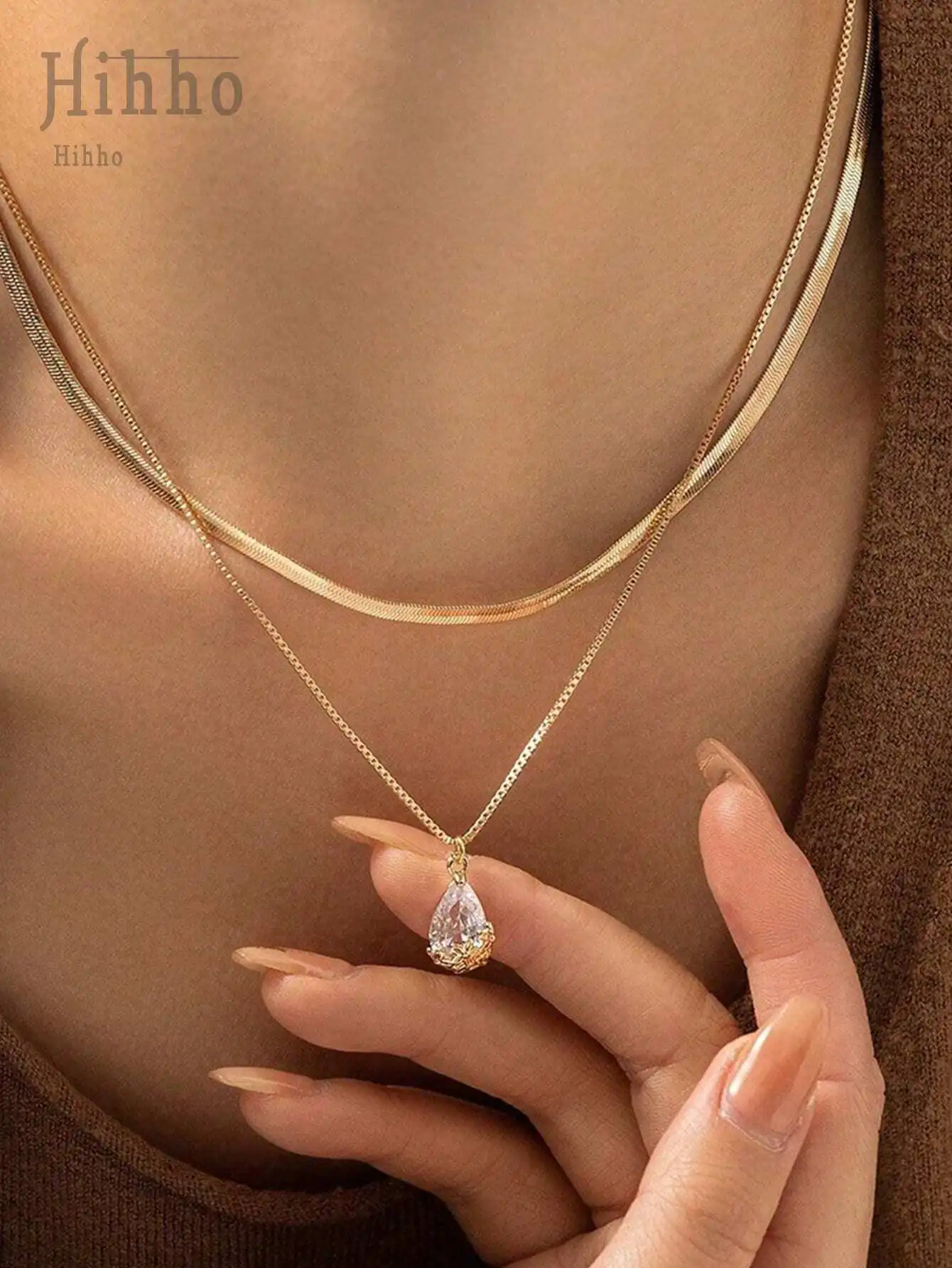 

Кулон с кубическим цирконием в форме капли, двухслойное ожерелье для женщин, изящное украшение на каждый день, подарок