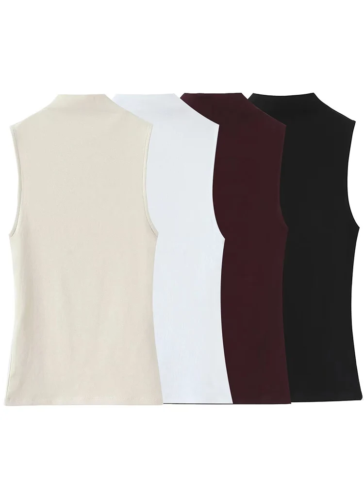 

2025 женские повседневные топы с воротником-стойкой, модные простые стильные сексуальные однотонные облегающие укороченные топы без рукавов, уличная одежда, новинка осени