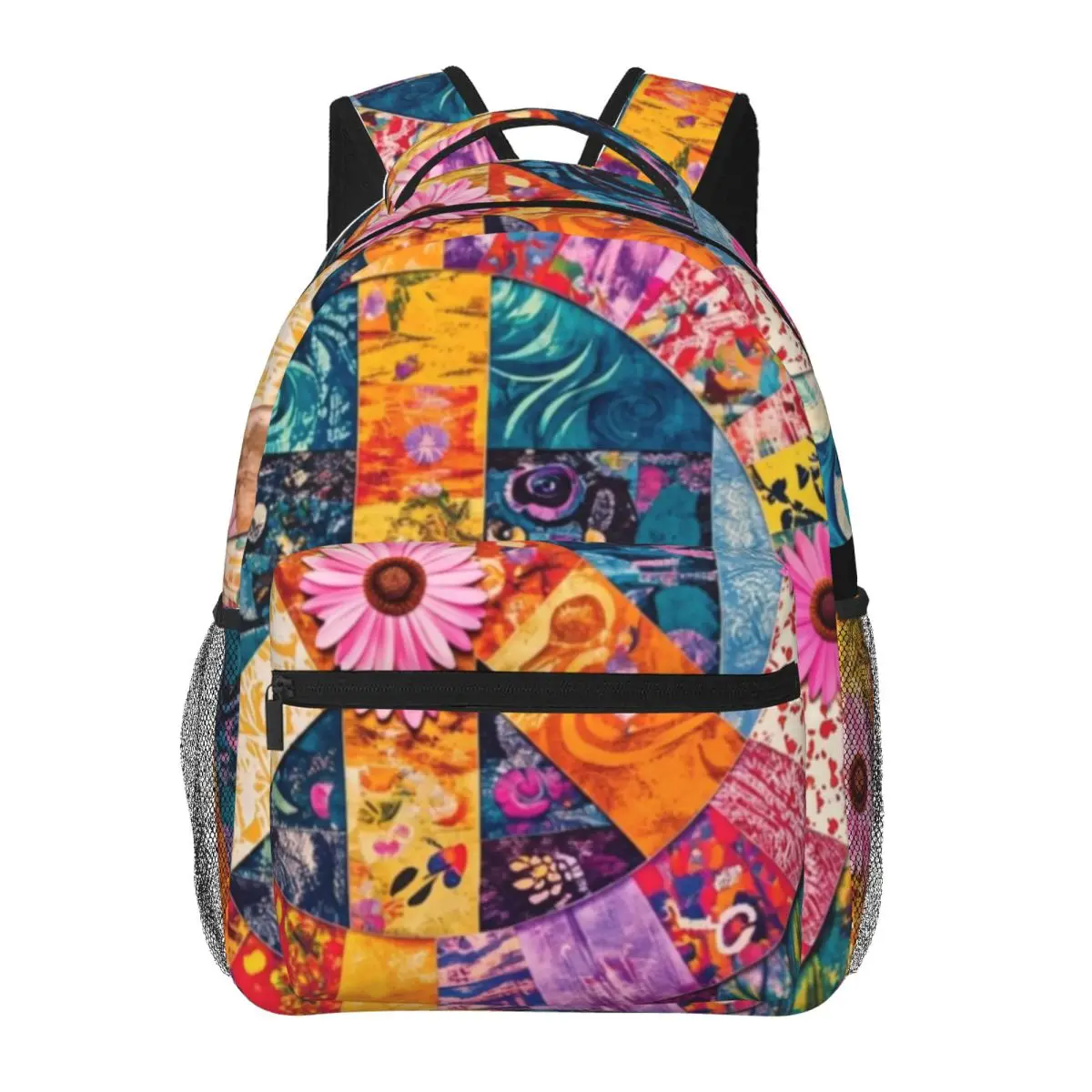 Floral Print School Backpack Center Peace Sign Patchwork Daisy Hippie Boho Patchwork Multicolor Brigh Casual Daypack for School