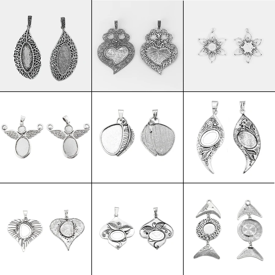2Pcs Tibetan Silver Vintage Heart Leaf Charms Pendant Oval Cabochon Base Blank Bezel Setting For DIY Necklace Jewelry Making