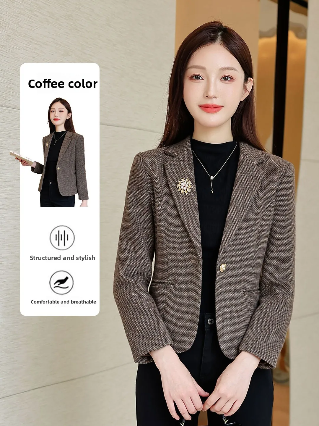Elegant Short Woolen Suit Jacket Women's Autumn Winter New Style Slimming Waist OL Career Suit Commute Fashion Polyester Fiber