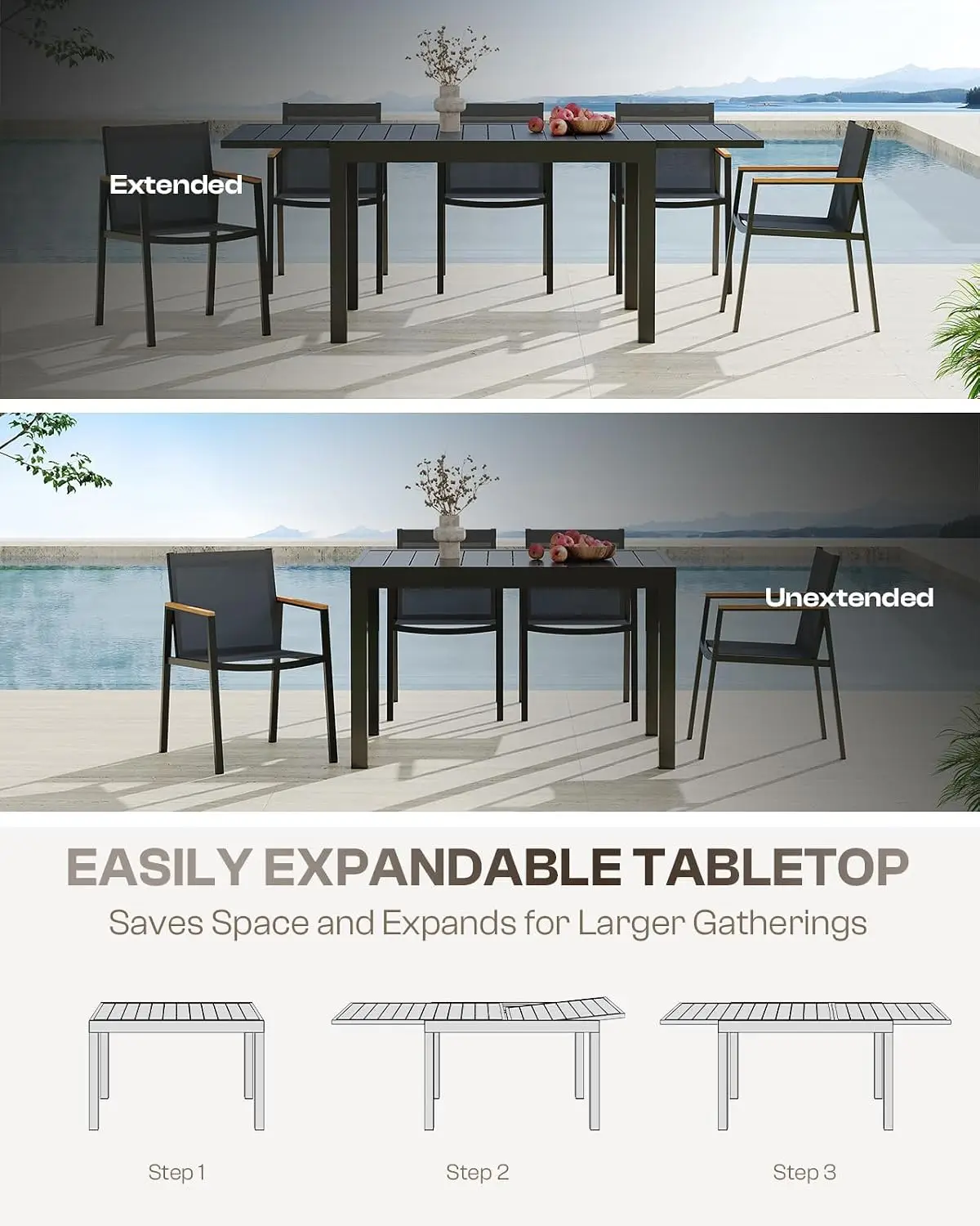 Outdoor Aluminum Patio Dining Table Set for 6 Person, Expandable Outdoor Table and 6 Chairs with Textilene Fabric & HDPS Armrest