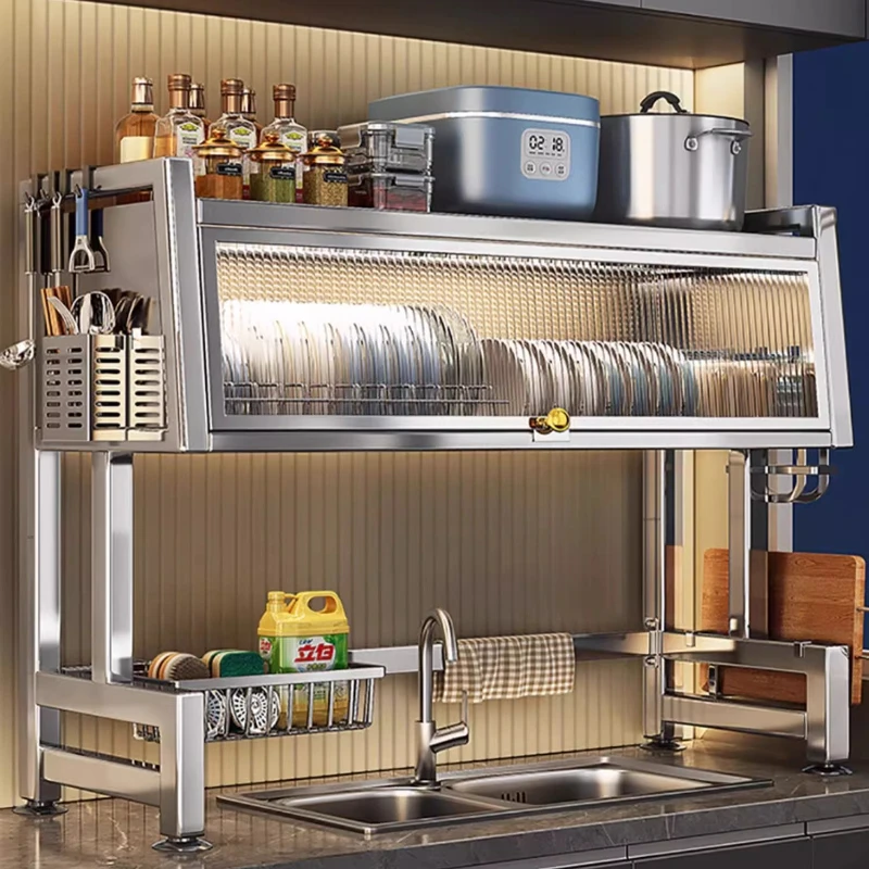 

‌ Органайзер для раковины с шкафом, полка для посуды с дренажем, полка для хранения над раковиной, водонепроницаемый держатель для посуды из нержавеющей стали ‌