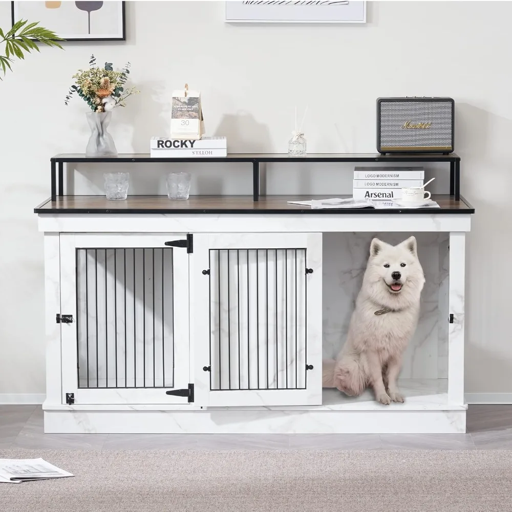 Large Dog Crate Furniture TV Stand, Wooden Dog Kennel with Double Doors, Indoor Furniture Style Dog Crate House End Table