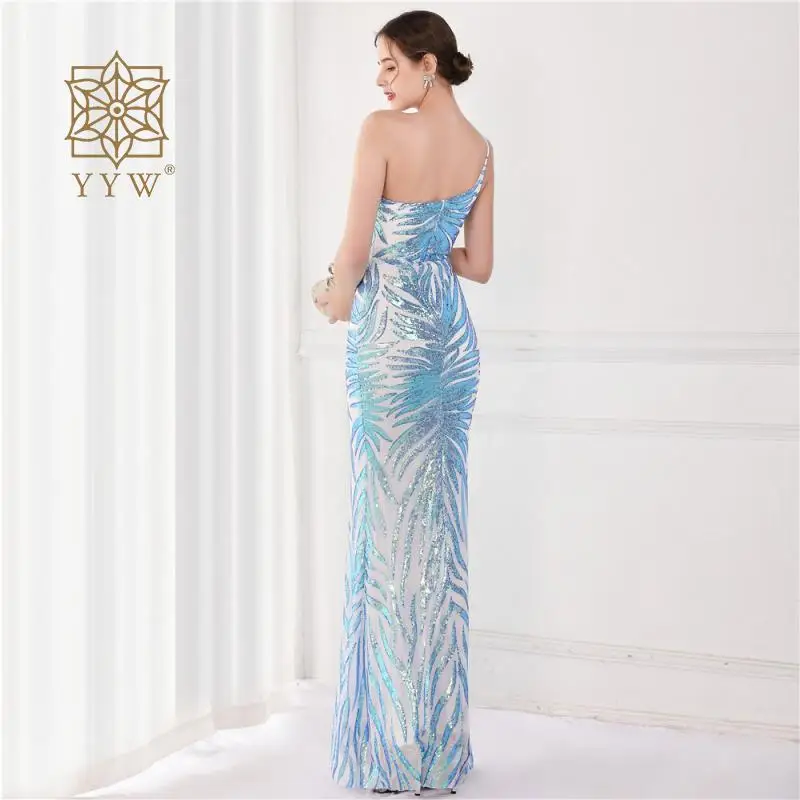 Shines Evening Dress for Women Crystal Mermaid Party Long Dress Luxury One Shoulder Strap Guest Ball Gown Blue Elegant Banquet