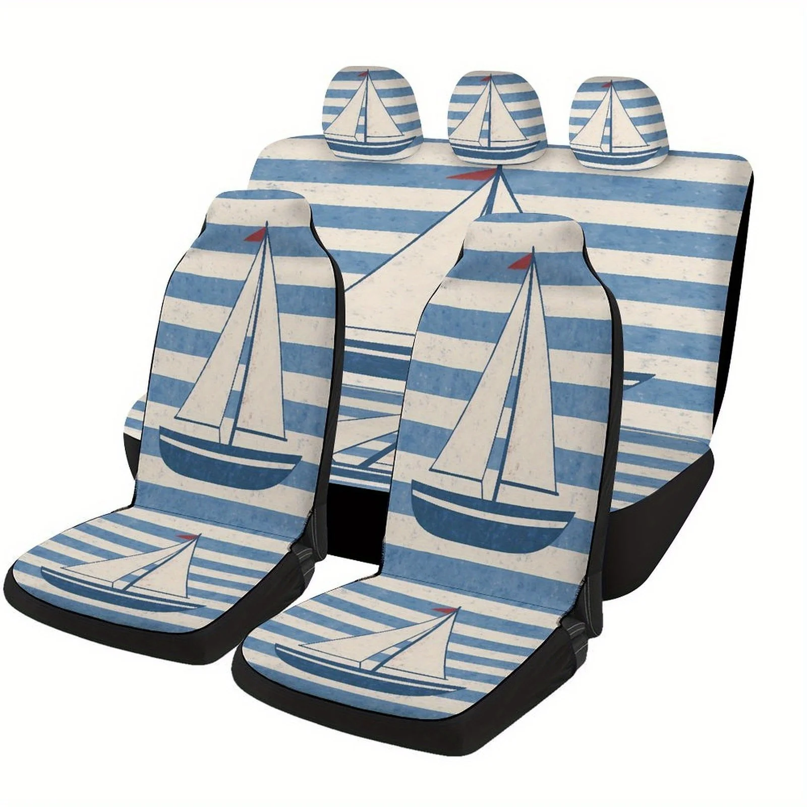 Sailboat Stripes Designed Car Seat Cover Set For Most Cars, High-quality Comfortable Car Seat Protector Covers Full Set, Univers