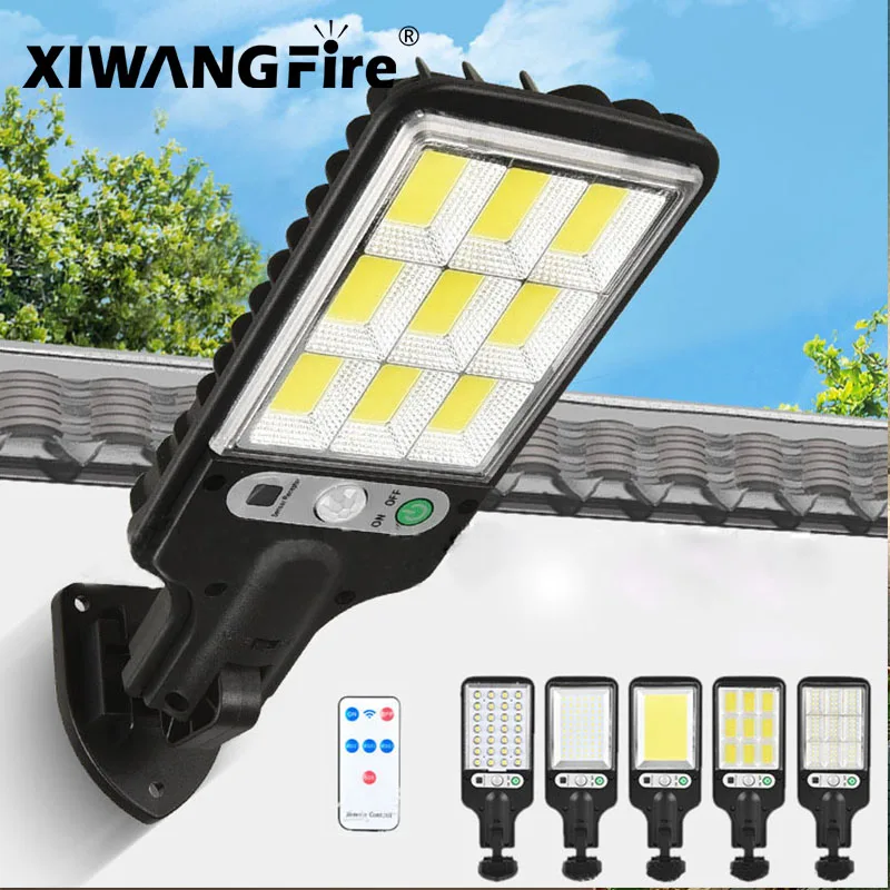 Led solar luzes de rua cob + smd lâmpada solar ao ar livre com 3 modo luz à prova dwaterproof água sensor movimento segurança iluminação para jardim