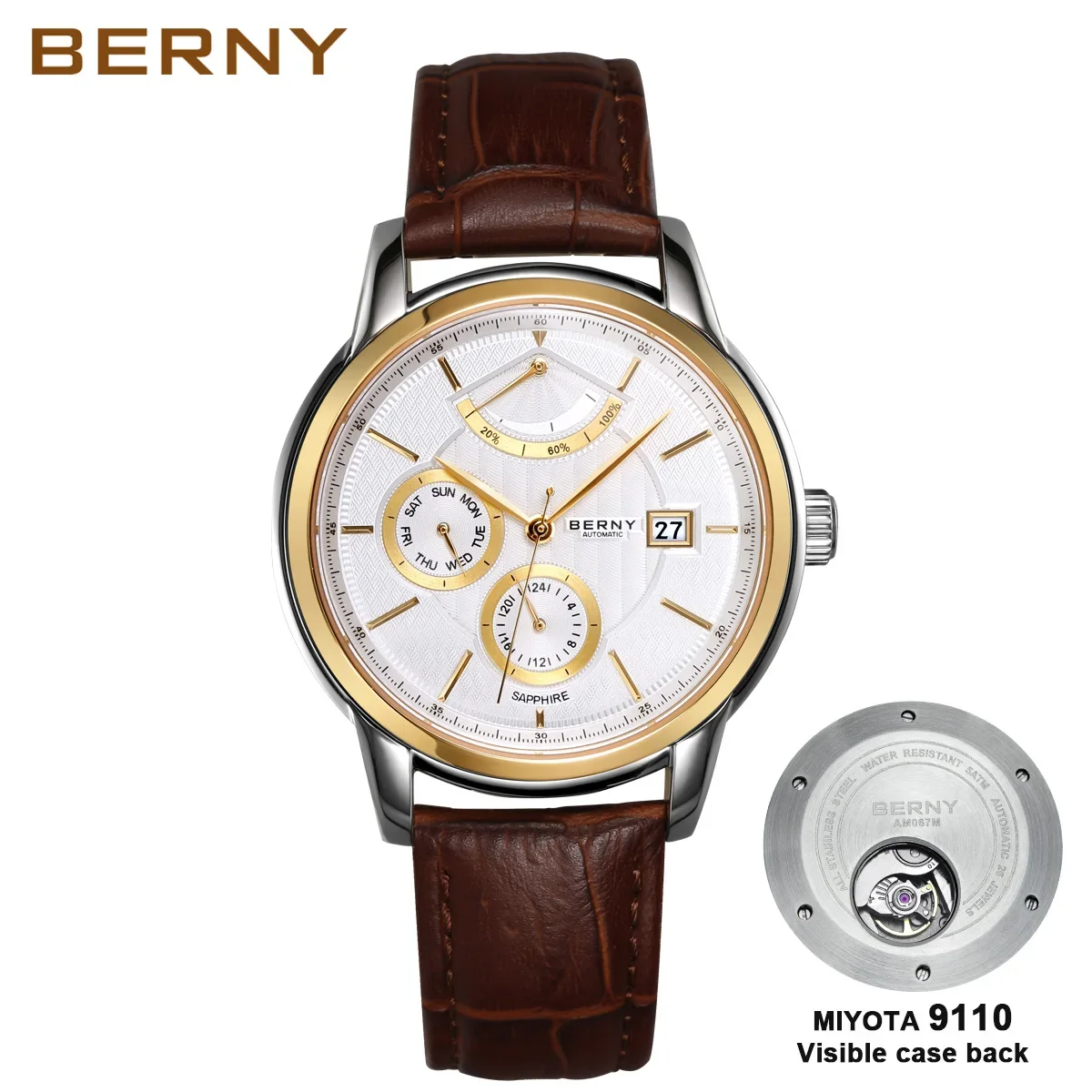 

BERNY Watches for Men Automatic Mechanical Wristwatch Sapphire Date Week Luxury High-end Men's Watch MIYOTA 9110 Waterproof