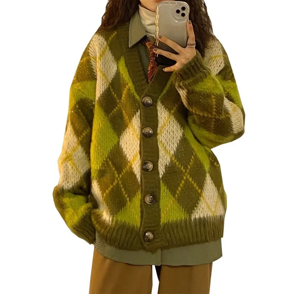 New Autumn Winter Fashion Women's Knit Green V-neck Long Sleeved Casual Loose Sweater Cardigan Diamond Grid Knitted Fabric Tops