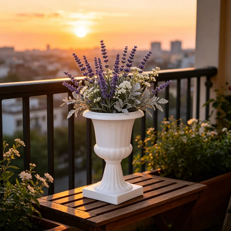 White Roman Pedestal Planter Urn Embossed Goblet Flower Pot Vintage Raised Base Indoor Outdoor Garden Home Wedding Decor