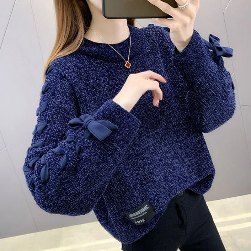 Fashion All-match Bow Patchwork Long Sleeve Sweaters Autumn Winter Women\'s Clothing Korean Sweet Solid Color Round Neck Knit Top