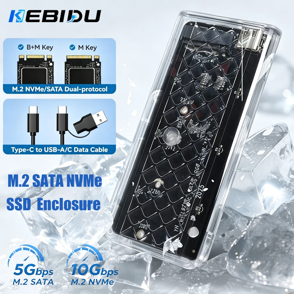 KEBIDU Transparent M.2 SSD Enclosure RGB 10Gbps M.2 to USB Adapter for M Key B+NVMe PCIe NGFF SATA SSD Hard Disk Case