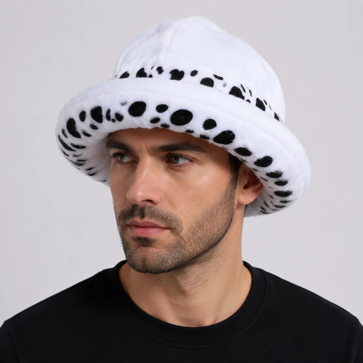 

Unisex Soft Plush Dalmatian Print Bucket Hat Black White Polka Dot Fuzzy Warm Cap Streetwear Cosplay Party Daily Casual Fashion