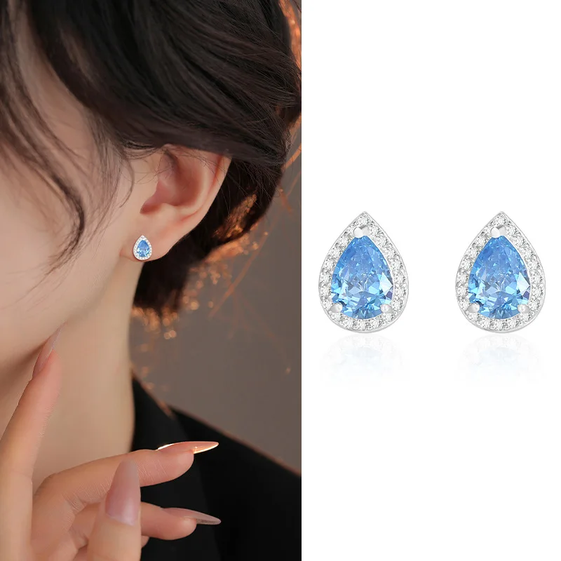 Sterling Silver Color The Blue Ocean Heart Ear-Sticks Women's Earrings Fashion Jewelry