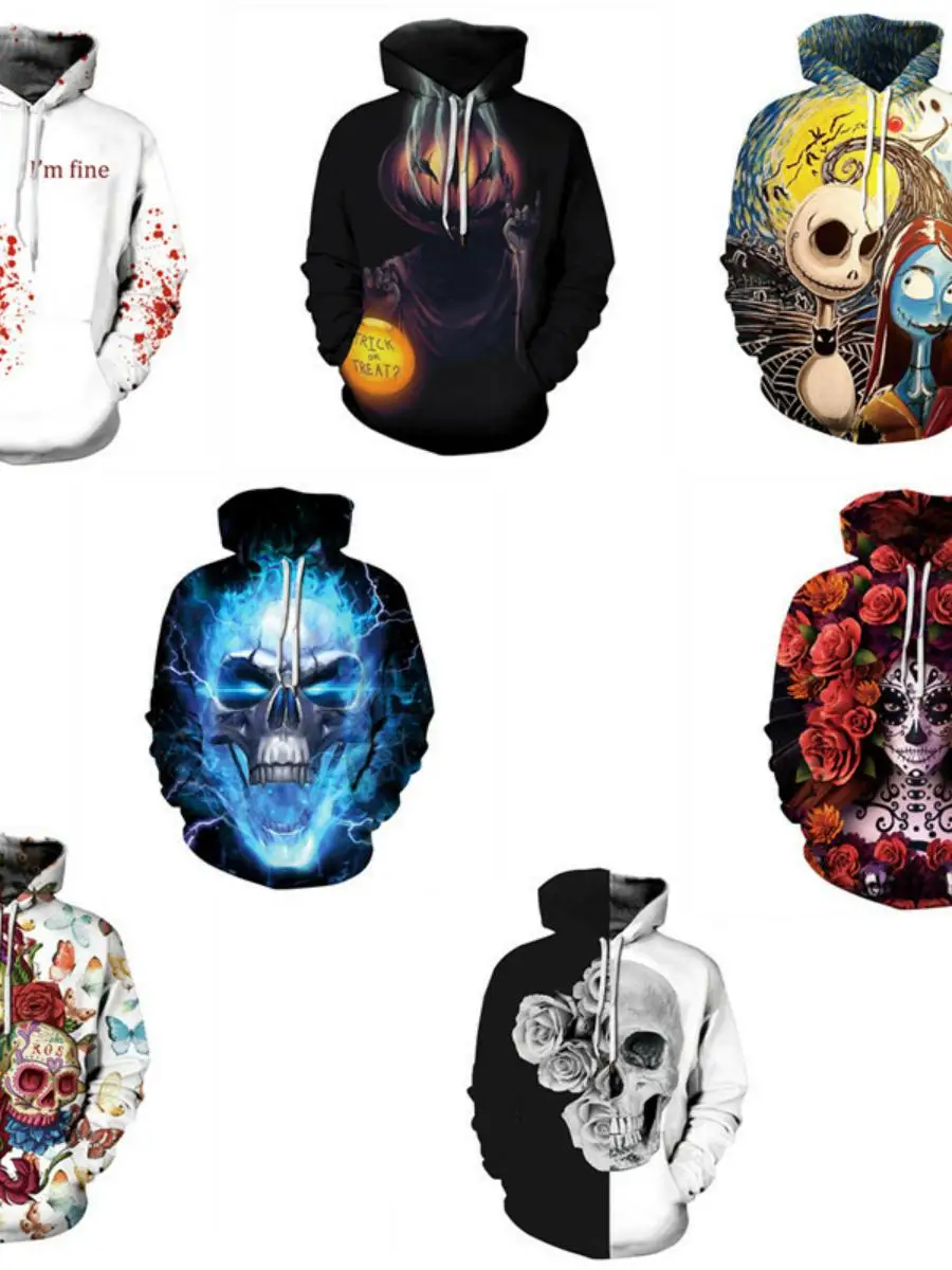 

Halloween Skeleton 3D Digital Print Loose Baseball Hoodie Couple Matching Sweatshirts Casual Polyester Spring Wear