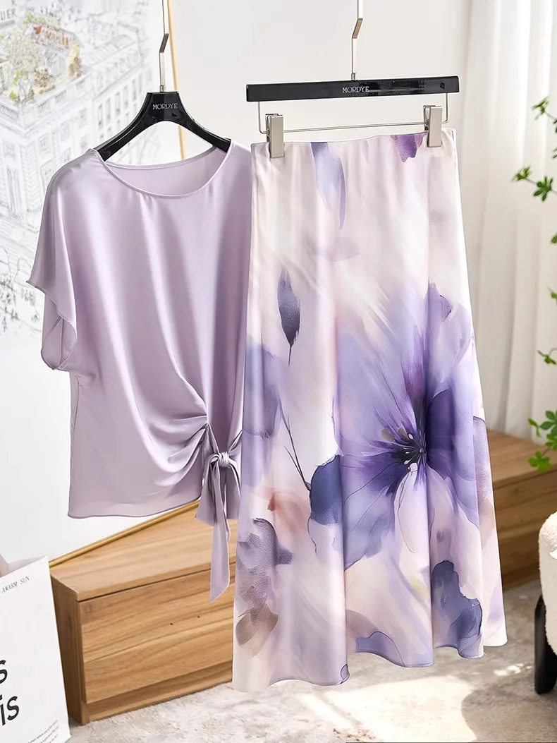 

Dreamy Purple Gradient A-Line Midi Skirt High Waist Acetate Fiber Commute Style Semi-Formal Women's Skirt FQ14978