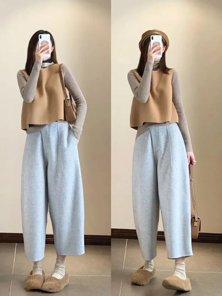 

Grey Loose Women's Pants Spring Autumn New Style Casual Fashion Anti-Aging Fragile High Waist Duck down Filled Straight Leg