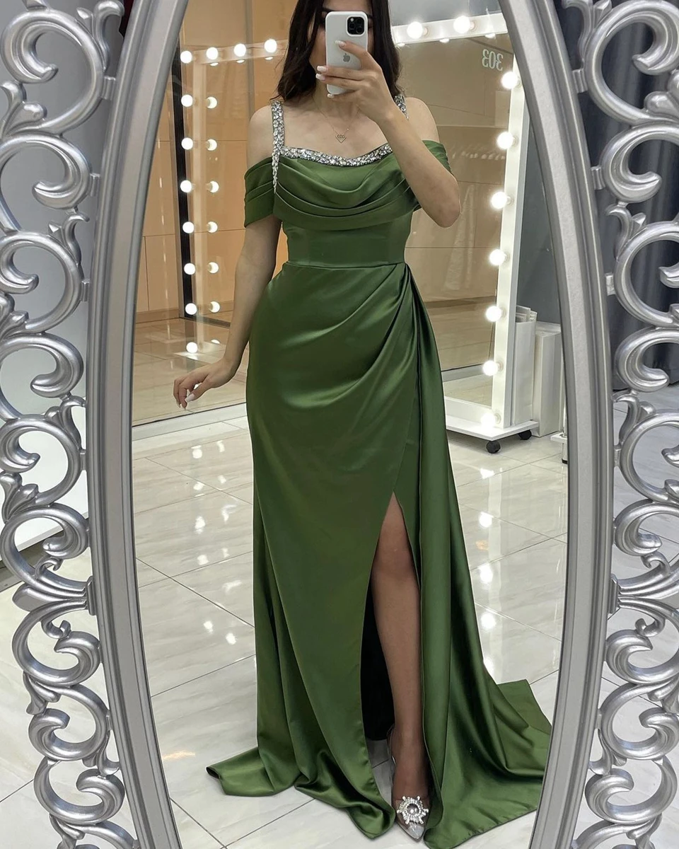 

Sexy Glitter Beading Green Mermaid Evening Dresses 2024 Spaghetti Straps Satin Side Slit Arabic Dubai Party Prom Gowns For Women