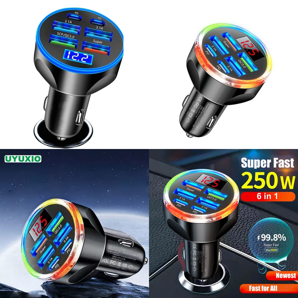 2026 New Arrivals 2 PD 4 USB a USB C Car Charger with Voltage Display Multi Port Super Fast Charge Adapter with Volt Meter
