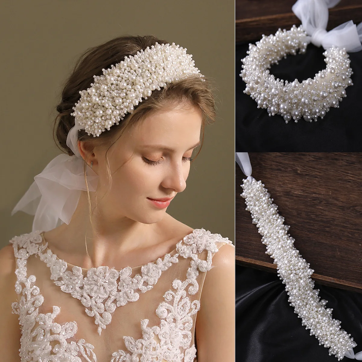 Elegant wedding accessories handmade white pearls Headband Hair Chain Wedding Style Women Hair Styling Jewelry