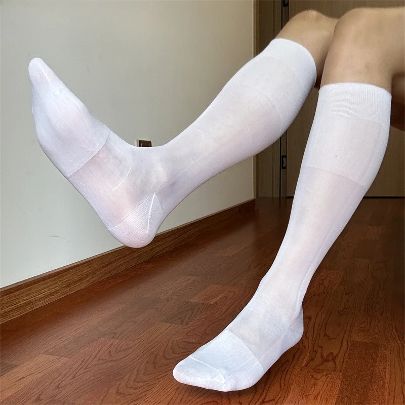 メンズニーハイホワイトソックス、メンズビジネスフォーマルセクシーナイロンストッキング、ストライプ、無地、グリーン、パープル、ローズレッド、メンズロングソックス