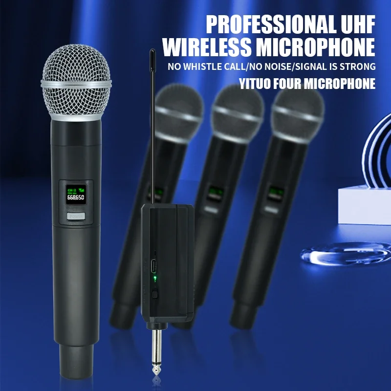 Professional Wireless Microphone 4 Channels Karaoke Handheld  Chargeable Easy Use Outdoor With Suitcase