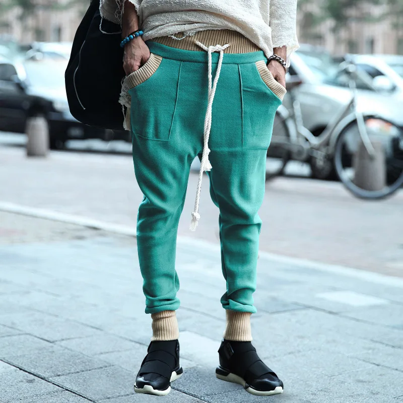 

Spring Casual Men's Sweatpants Knitted Patchwork Drawstring Fashion Trousers Streetwear Male Knitwear Vintage Color Block Pants