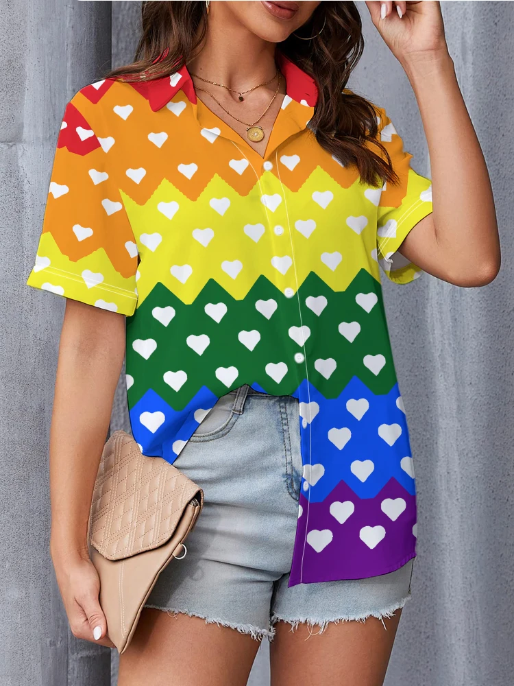 Colorful Stripes Heart-shaped 3d Digital Printing Shirt Fashion Casual Summer Short Sleeve Shirt Beach Oversize Women's Shirt