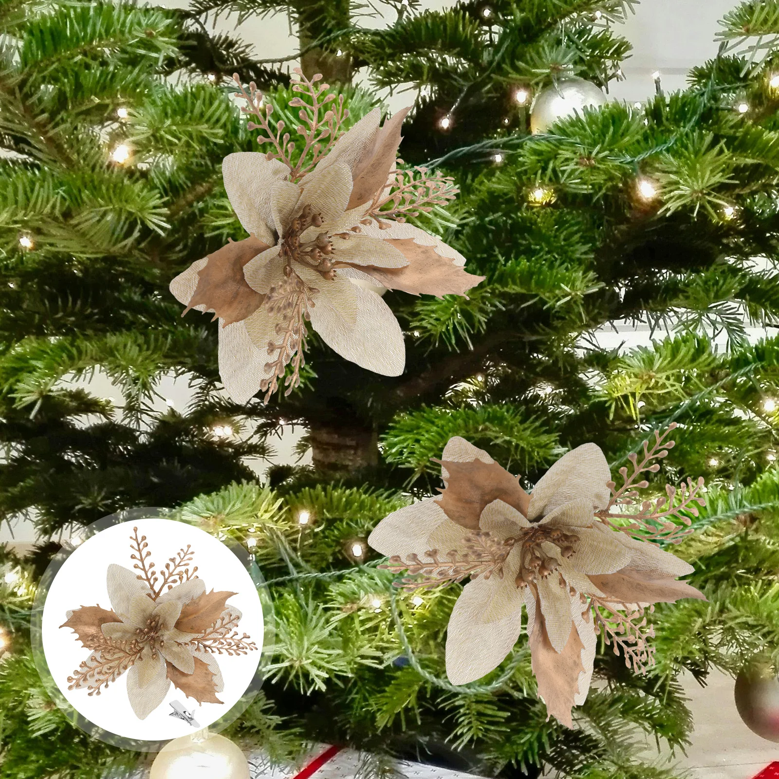 

6 Pcs Christmas Flower Decoration Artificial Poinsettia Ornaments Flowers Decorations with Clips Glitter Decorate