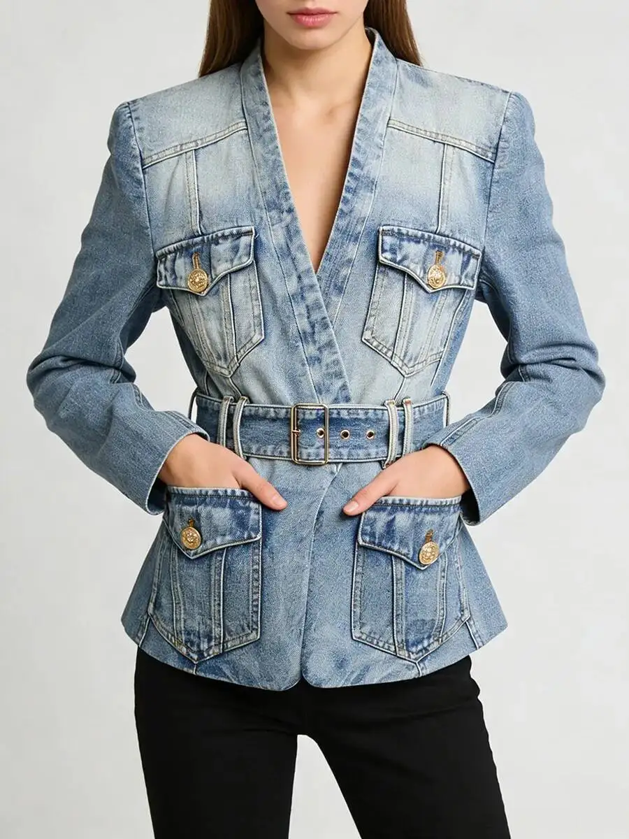 FANAN Fashion Slimming Spliced Pockets Cowboy Jackets For Women V Neck Long Sleeve Tunic Patchwork Belt Jacket Female New