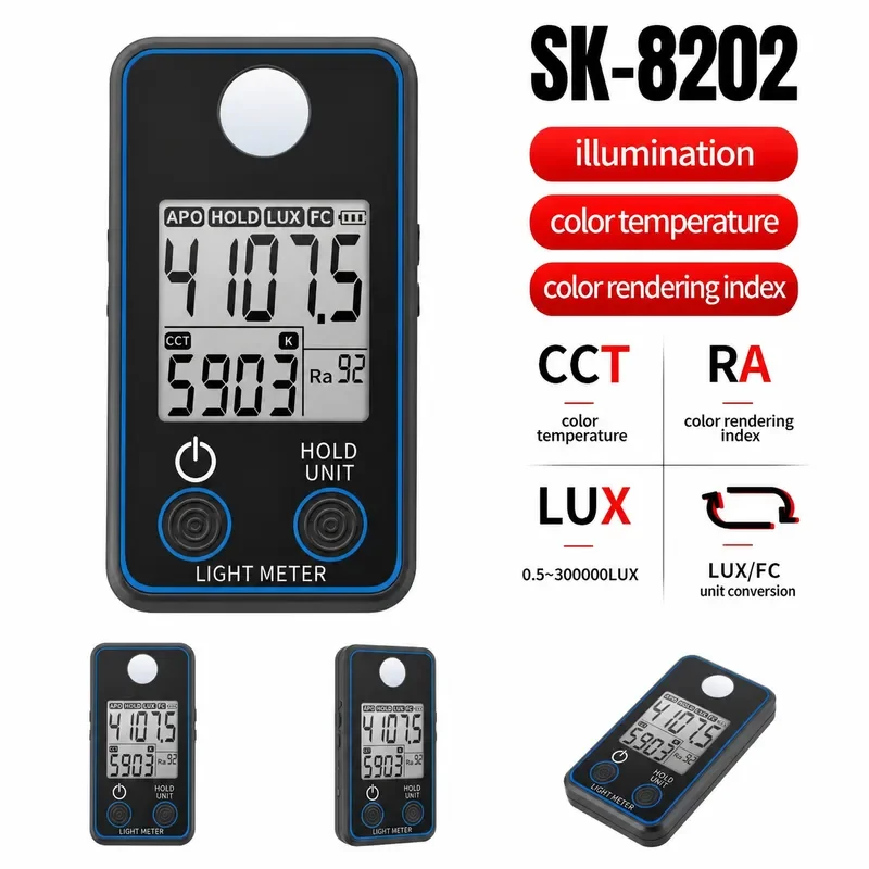 Digital Light Meter Handheld Illuminance Tester LCD 0.5-300000 Lux Fc Pocket Photometer for Grow Plants Photography