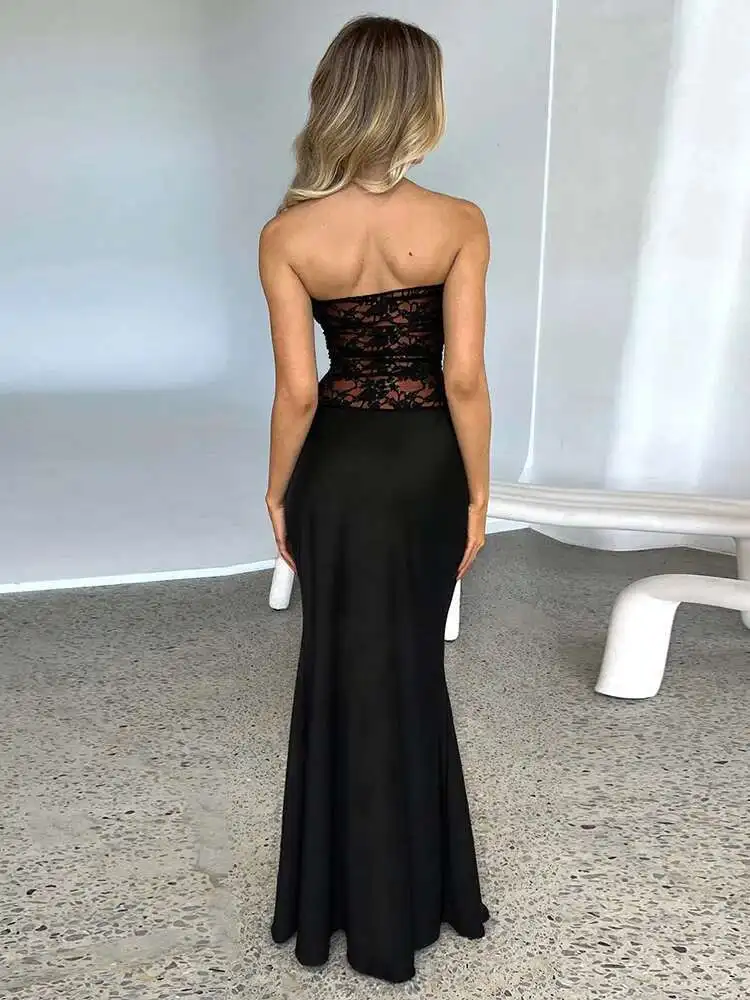 JULISSA MO Patchwork เซ็กซี่ Sheer Lace ผู้หญิงชุดนางเงือกสีดํา Backless Maxi ชุดฤดูร้อน Slim Elegant Party Clubwear