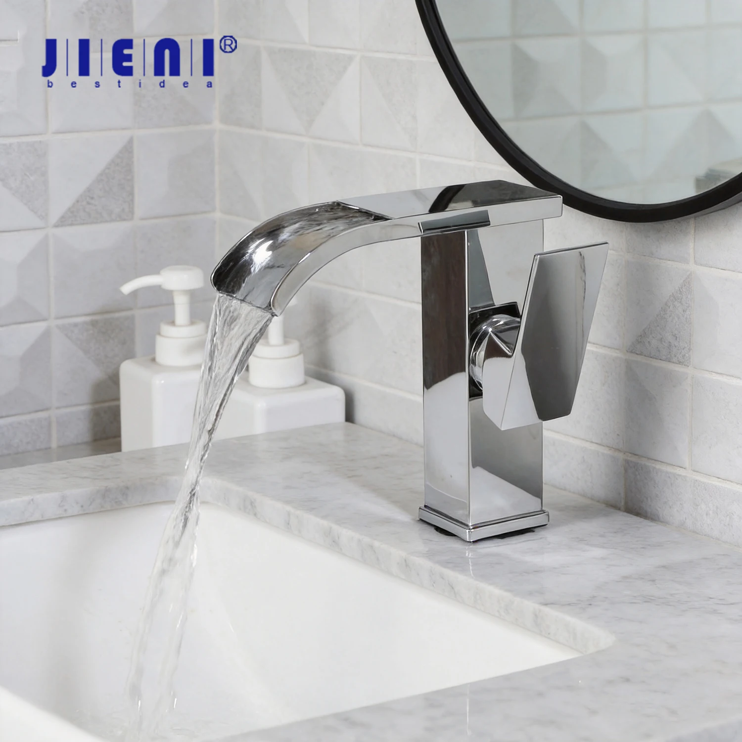 

JIENI Modern Waterfall Bathroom Sink Faucet Single Handle Stainless Steel Hot Cold Mixer Tap Deck Mounted Chrome Vessel Faucets