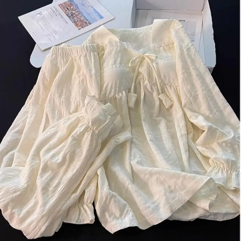 أطقم بيجامات بحافة من الدانتيل للفتيات الصغيرات بأكمام طويلة فضفاضة مع وسادة صدر ملابس كاواي حلوة للترفيه ملابس ربيع الخريف #4