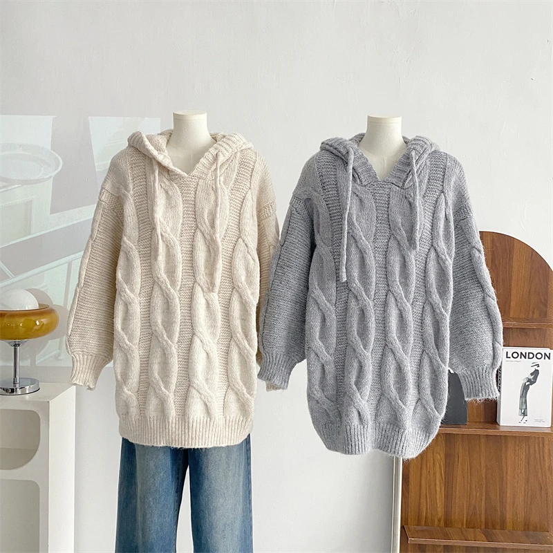 Pullover Sweater Loose Casual Pure Color Knitted Ladies Long Sleeve Hooded Sweater Winter New Soft Glutinous Tops