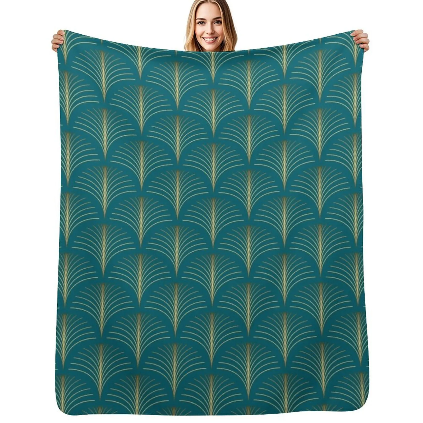 Art Deco Golden Floral Fans And Turquoise Green Throw Blanket Tourist Blankets For Sofas Soft Plaid for winter Blankets