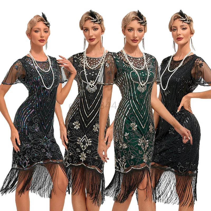 Abiti da Flapper medievali 1920s Gatsby - Roaring 20s abito con perline di paillettes abito con frange Vestidos De Mujer abbigliamento donna