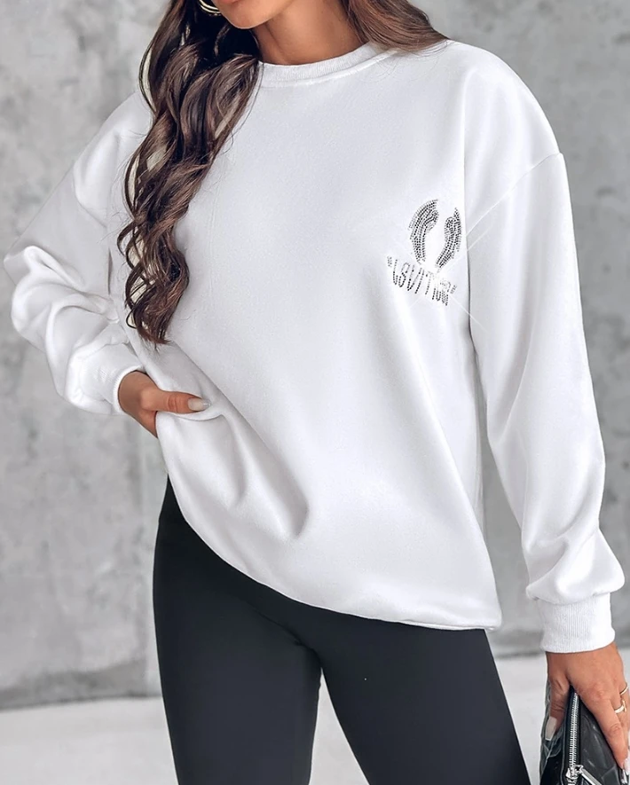 New Fashion 2024 Autumn Winter Casual T-Shirt Pullover Tops Rhinestone Letter Wings Pattern Crewneck Drop Shoulder Sweatshirt